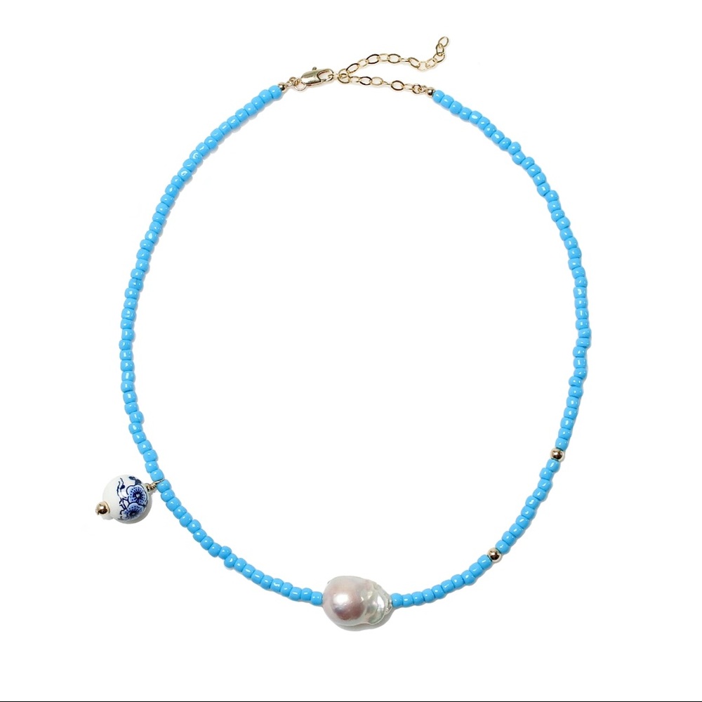 Turquoise Colorful Beaded Baroque Genuine Freshwater Pearl Necklace - Picture 3 of 7